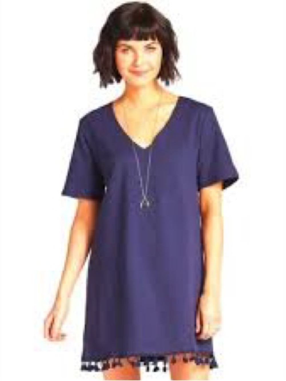 Sunday in Brooklyn Navy V-Neck Short Sleeve Dress with Tassel Hem